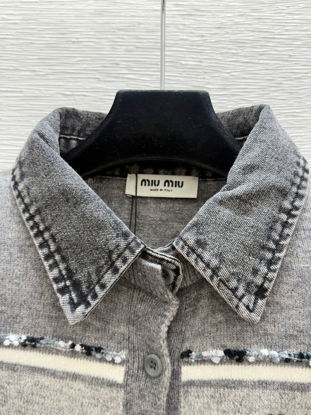 Miu 26FW Collared Cashmere Cardigan Denim Collar Striped Embellishments Ash Wool 313354