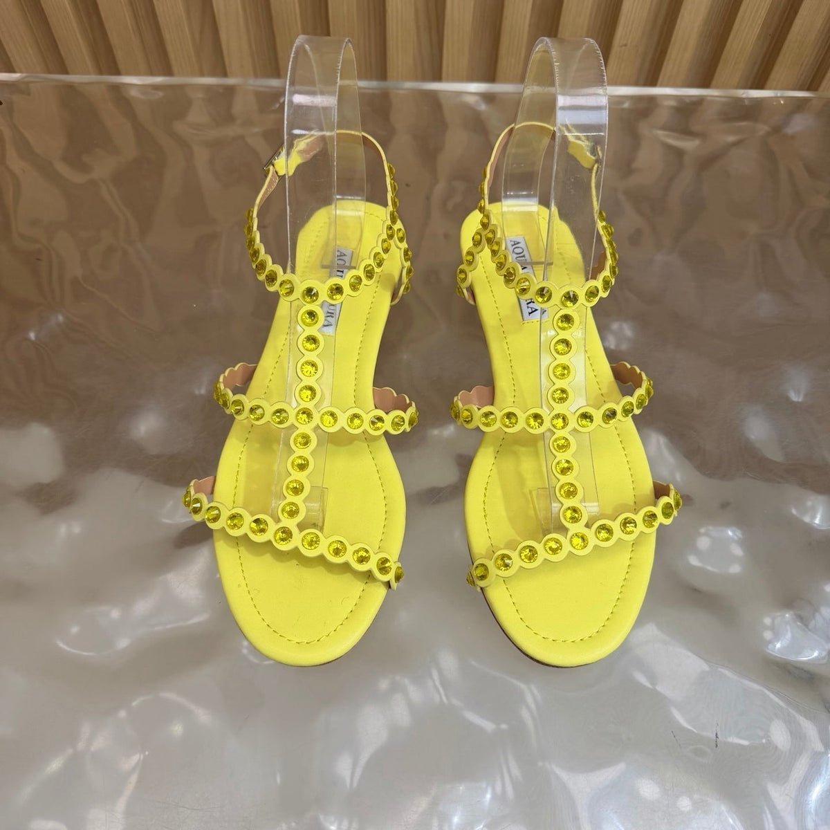 Aquazzura 26s Flat Sandals Yellow Calfskin Crystal Embellished 739158