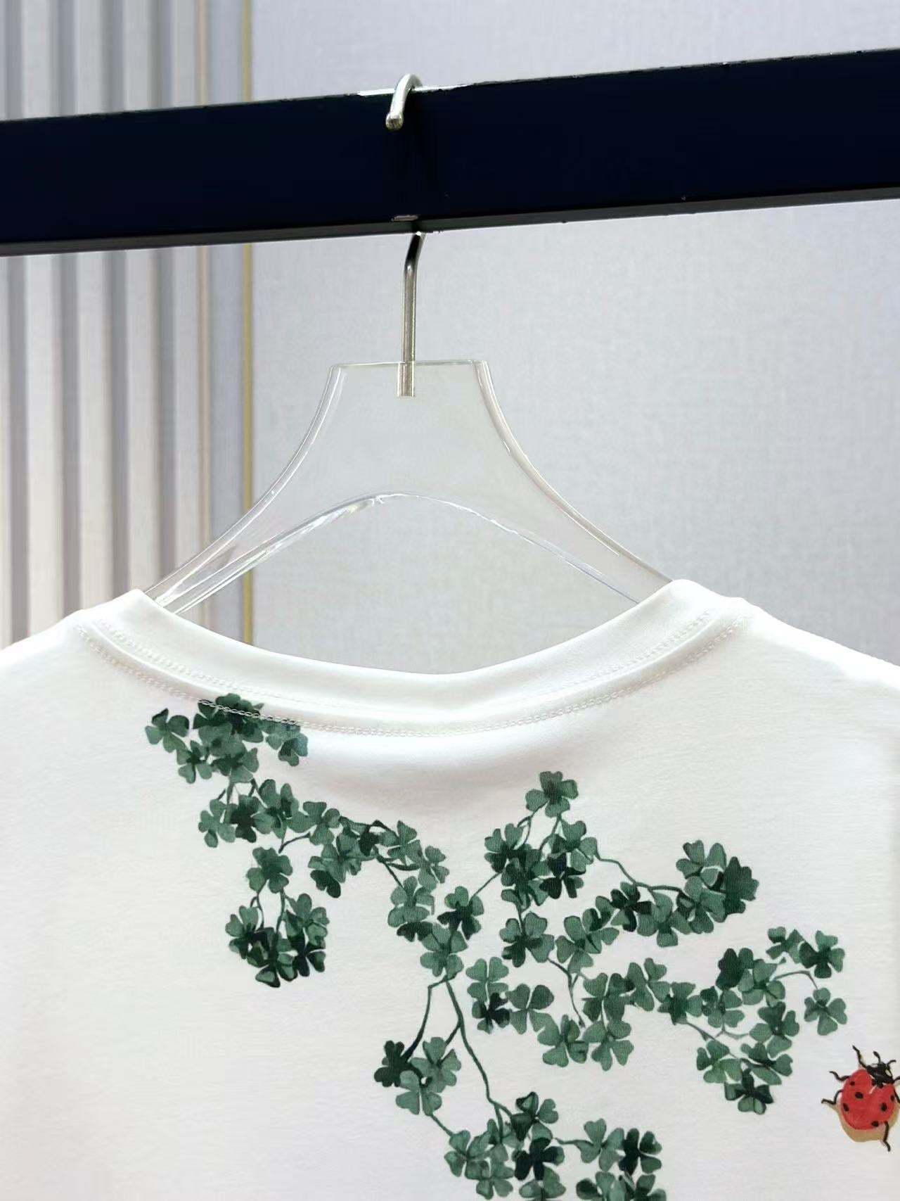 CD Fitted T-Shirt White Cotton Jersey with Green Toile de Jouy Clover Motif