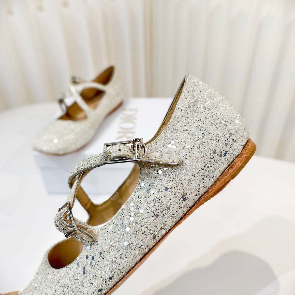 Dior 26s Mary Jane Flats Silver Sequin Embroidered Fabric