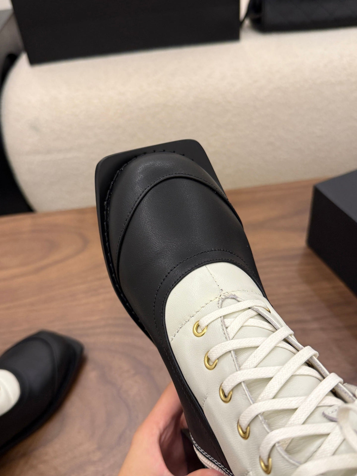 Chanel 26s Lace Up High Top Boots 4.5 Cm Black White Calfskin