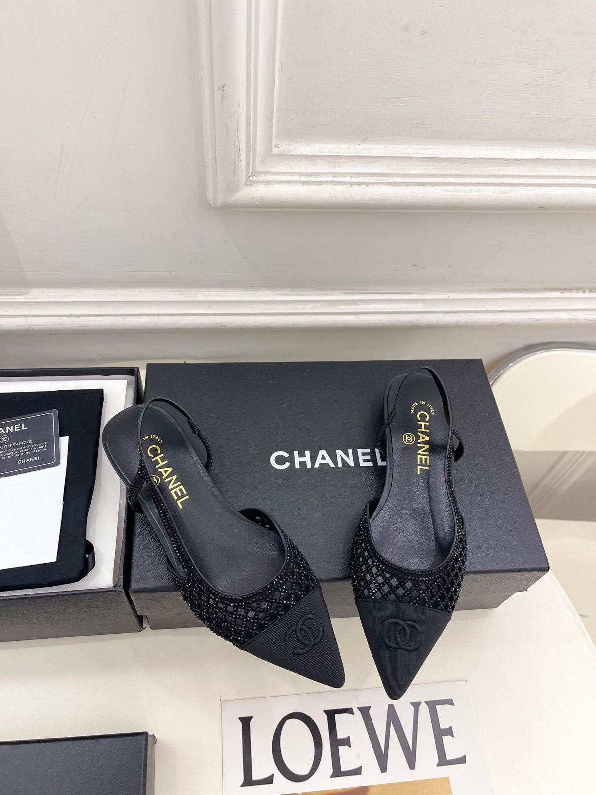 Chanel 26s Flat Pointed Toe Slingback Black Mesh