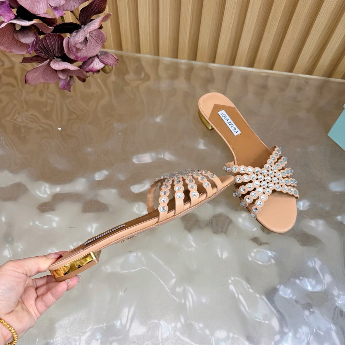 Aquazzura 26s Slides Nude Calfskin Crystal-Embellished Straps 582049