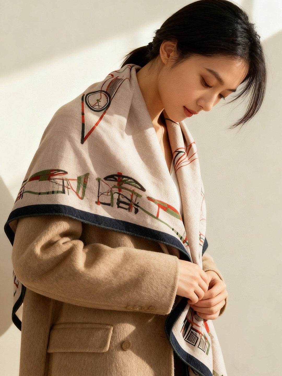 Hermès 2026 Complication Equestre Scarf 140cm Kaki Silk and Cashmere 218147