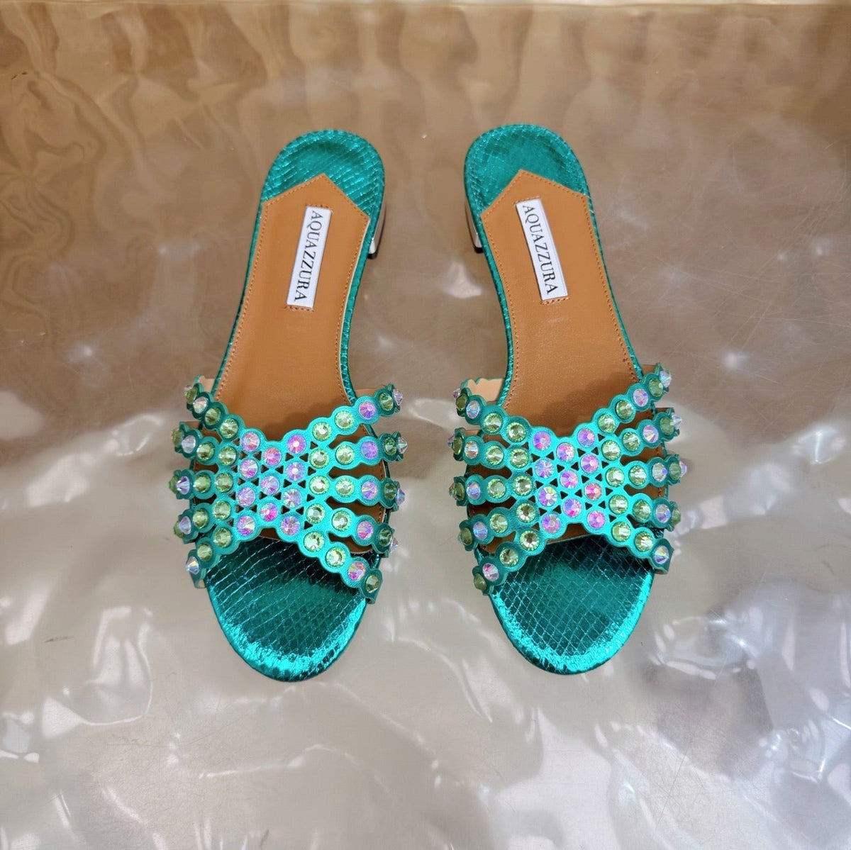 Aquazzura 26s Slides Emerald Green Snakeskin Embossed Leather 592814