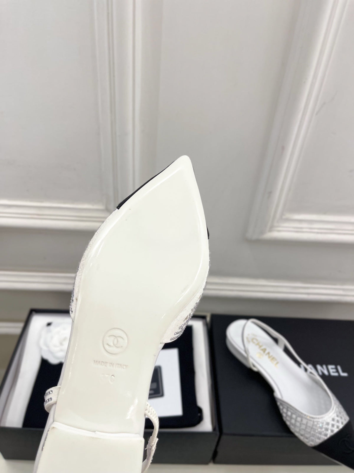 Chanel 26s Flat Pointed Toe Slingback White Mesh Black Toe Cap