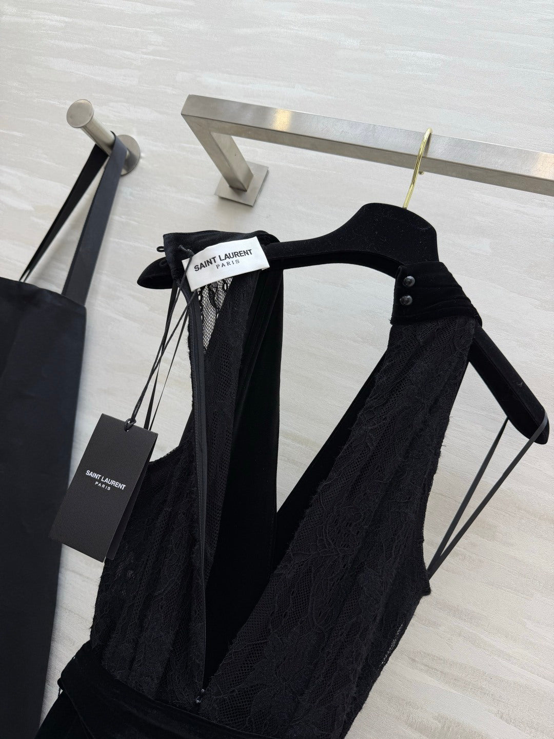YSL 26FW Velvet Lace Halter-Neck Wide-Leg Jumpsuit Black Velvet 441671