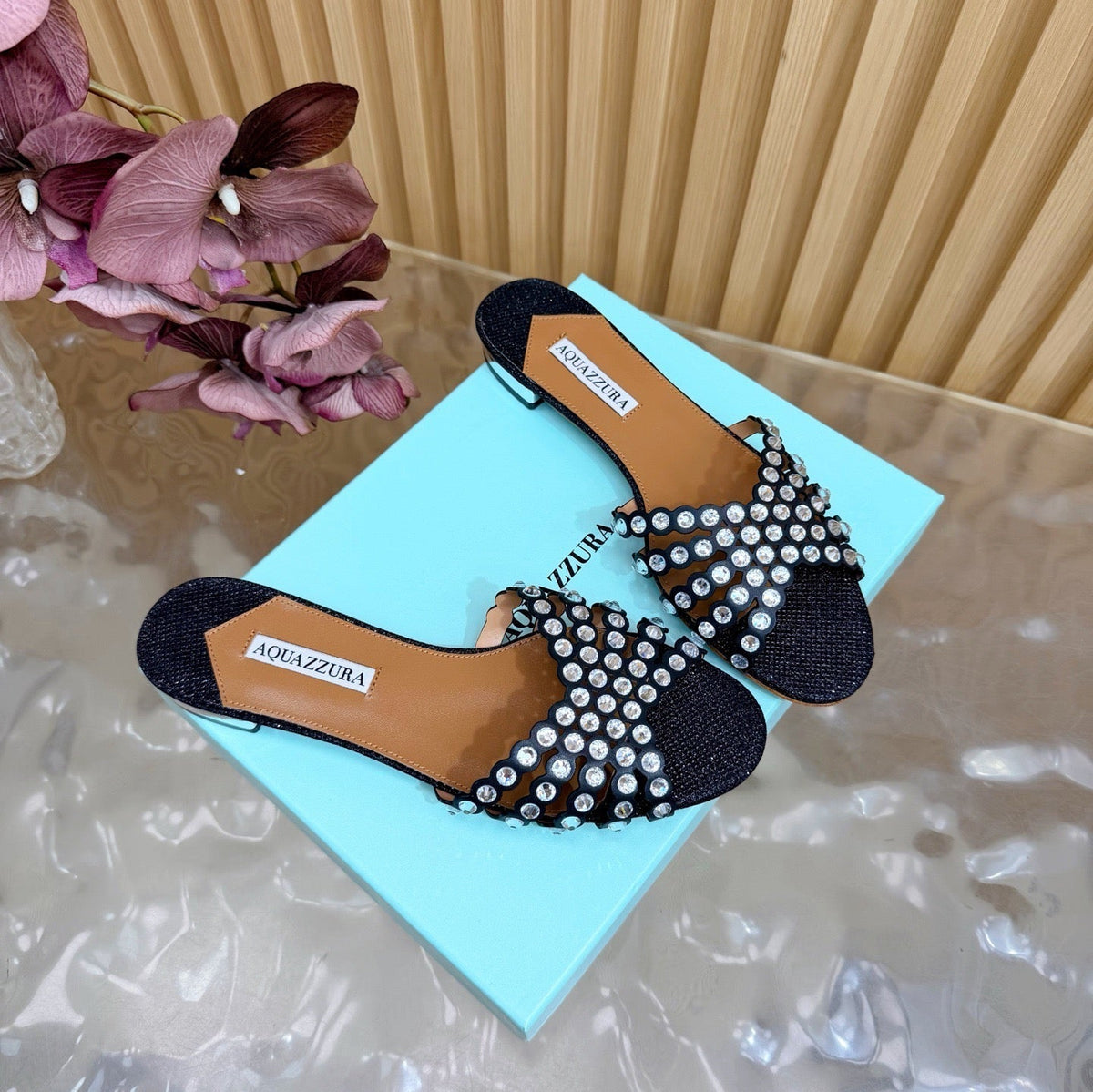 Aquazzura 26s Slides Black Lurex Fabric 830154