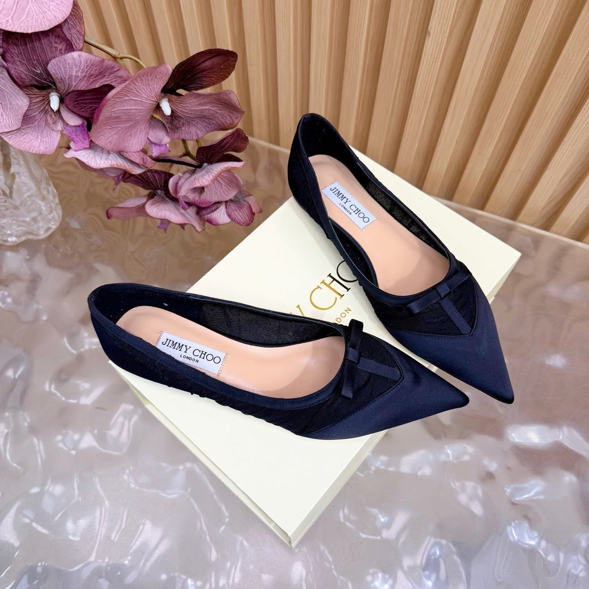 Jimmy Choo 26S Flats Black Mesh And Satin 518394