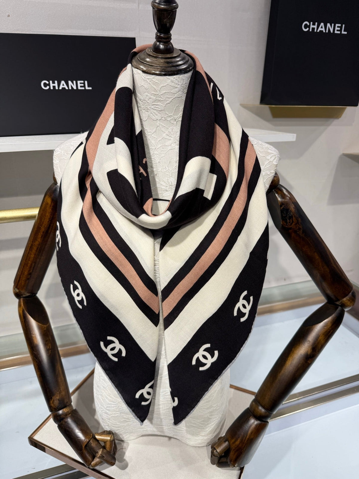 Chanel 2026 CC Logo Square Scarf Black Silk Cashmere 219223