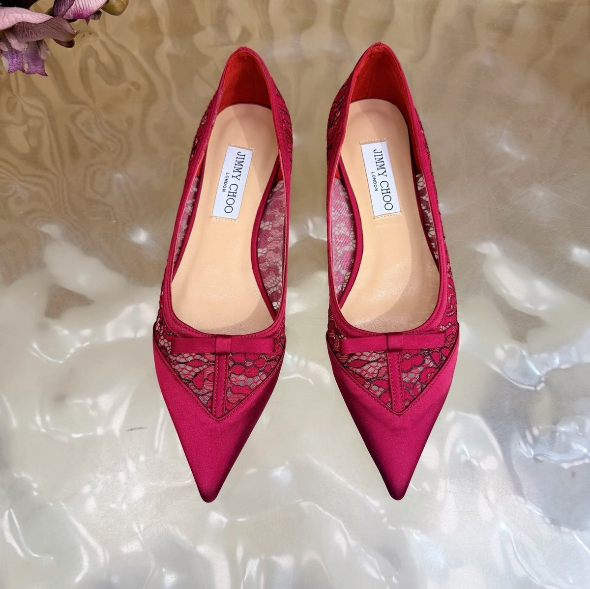 Jimmy Choo 26S Flats Red Lace And Satin 718324