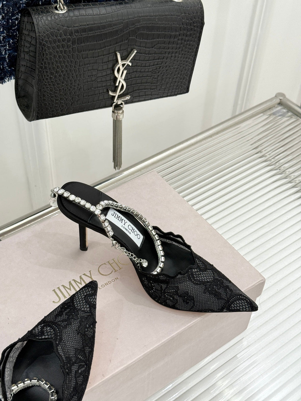 Jimmy Choo 26S Embellished High-Heeled Sandals 8.5cm Black Lace 529184