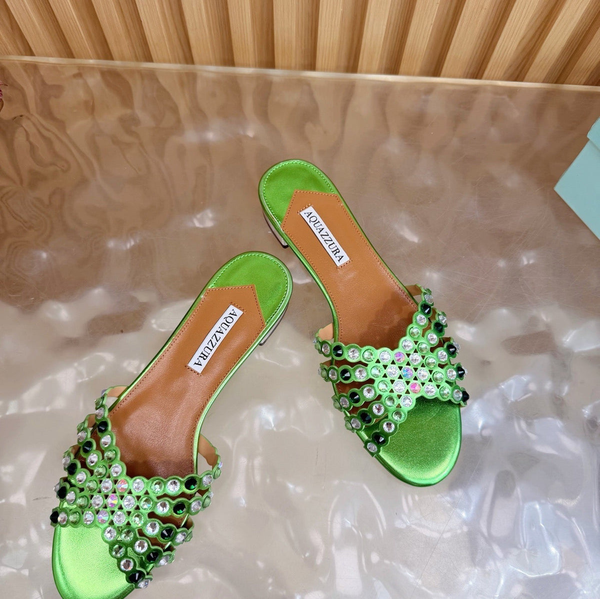 Aquazzura 26s Slides Green Lambskin Crystal Embellished 741935