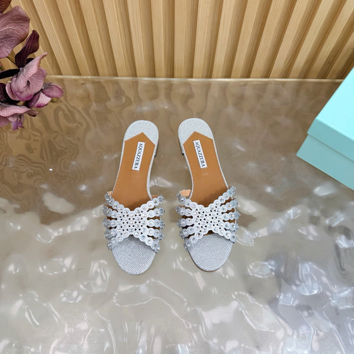 Aquazzura 26s Slides Silver Lurex Fabric 839214