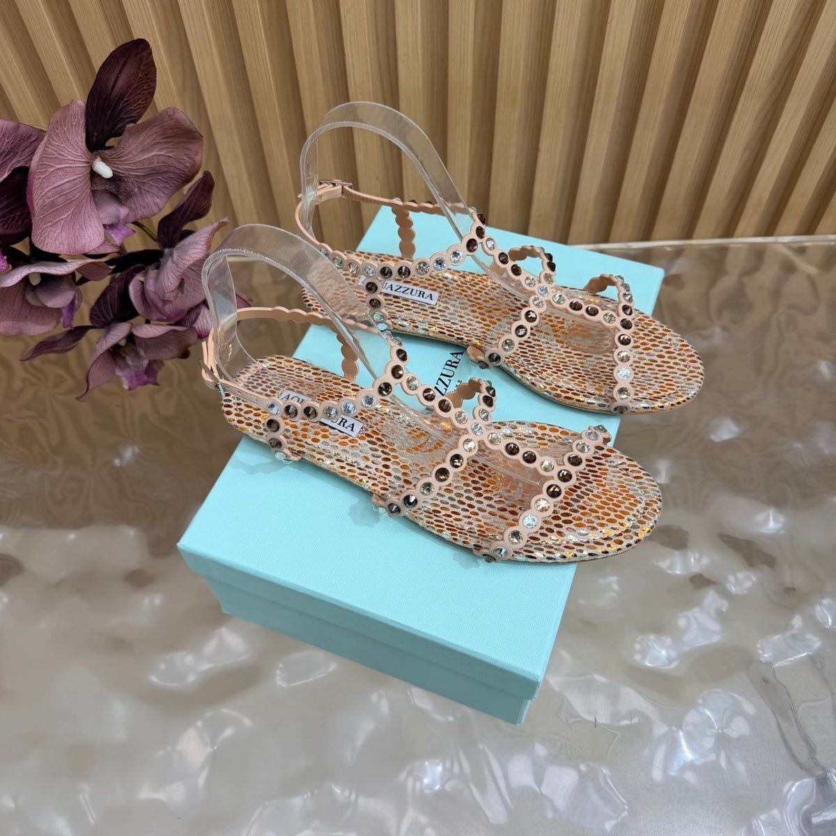 Aquazzura 26s Flat Sandals Beige Snakeskin Crystal Embellished 481953