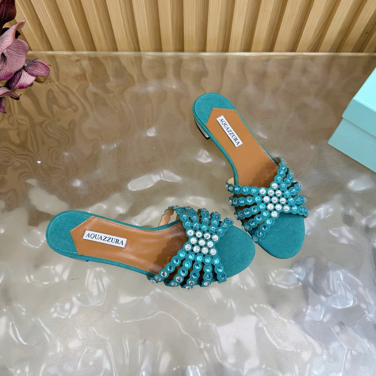 Aquazzura 26s Slides Emerald Green Suede Crystal-Embellished Straps 629154
