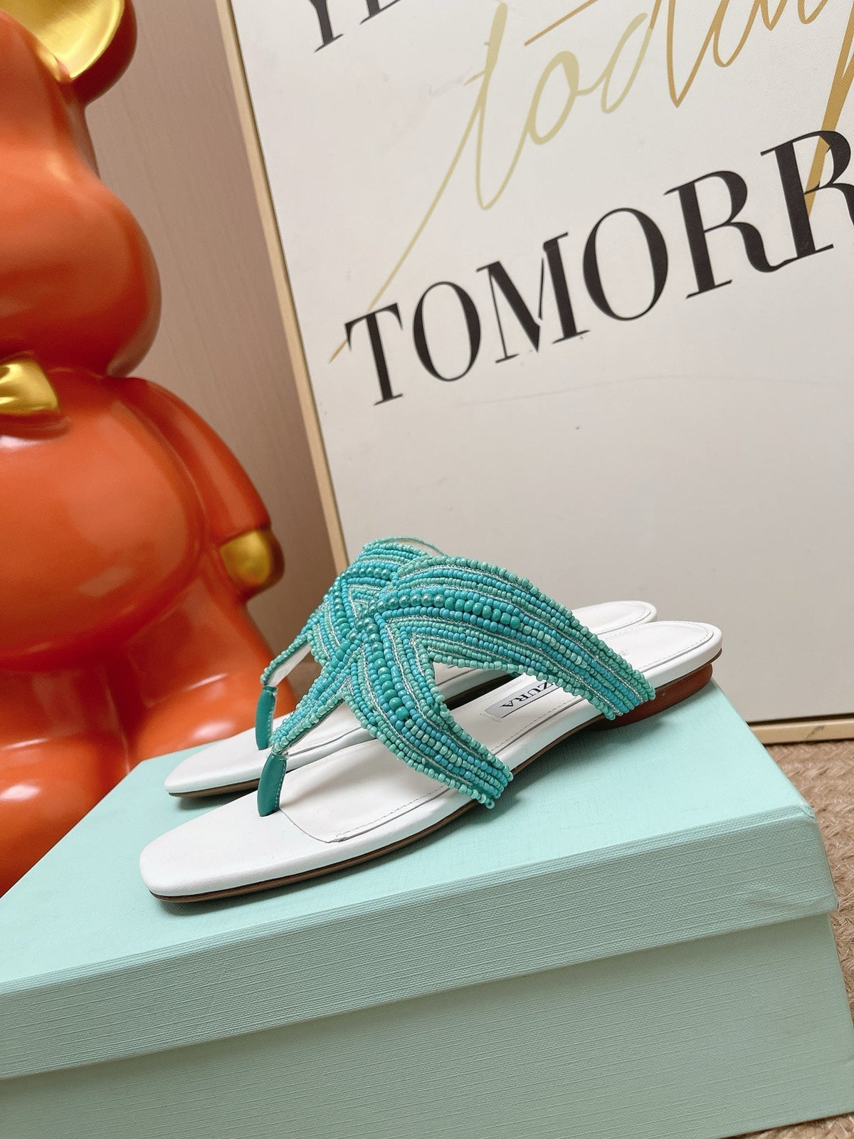 Aquazzura 26s Starfish Beaded Thong Sandals White & Turquoise Lambskin 174952