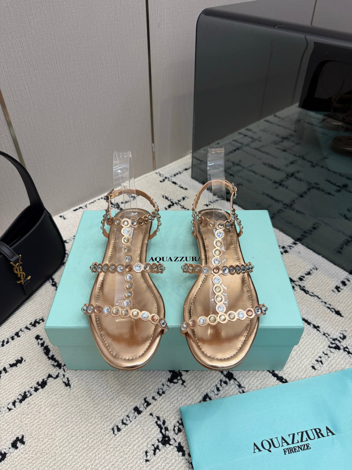 Aquazzura 26s Flat Sandals Rose Gold Lambskin Crystal-Embellished 719405