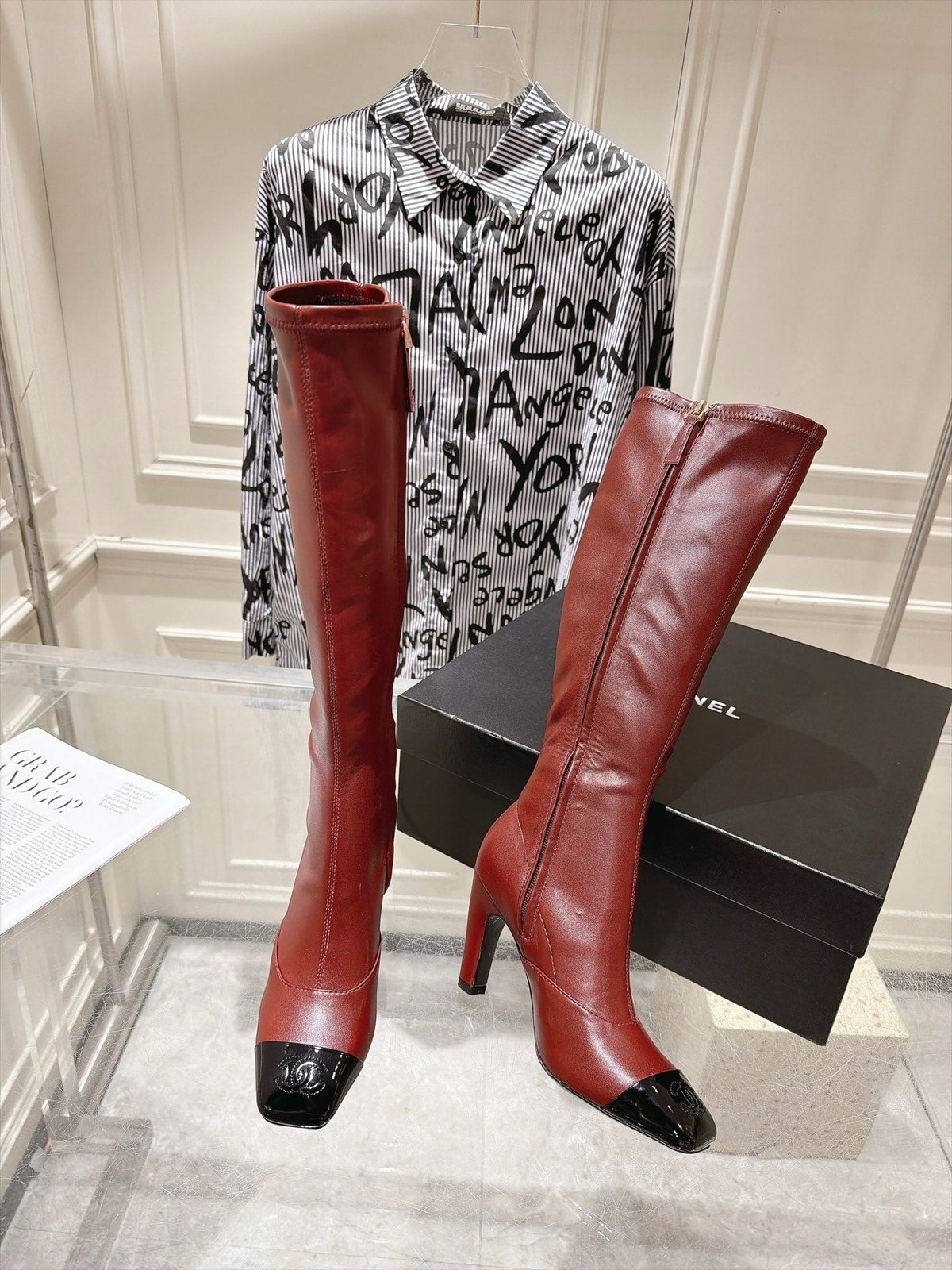 Chanel 26s High Heel Knee High Boots 8 Cm Burgundy Calfskin Black Patent Leather