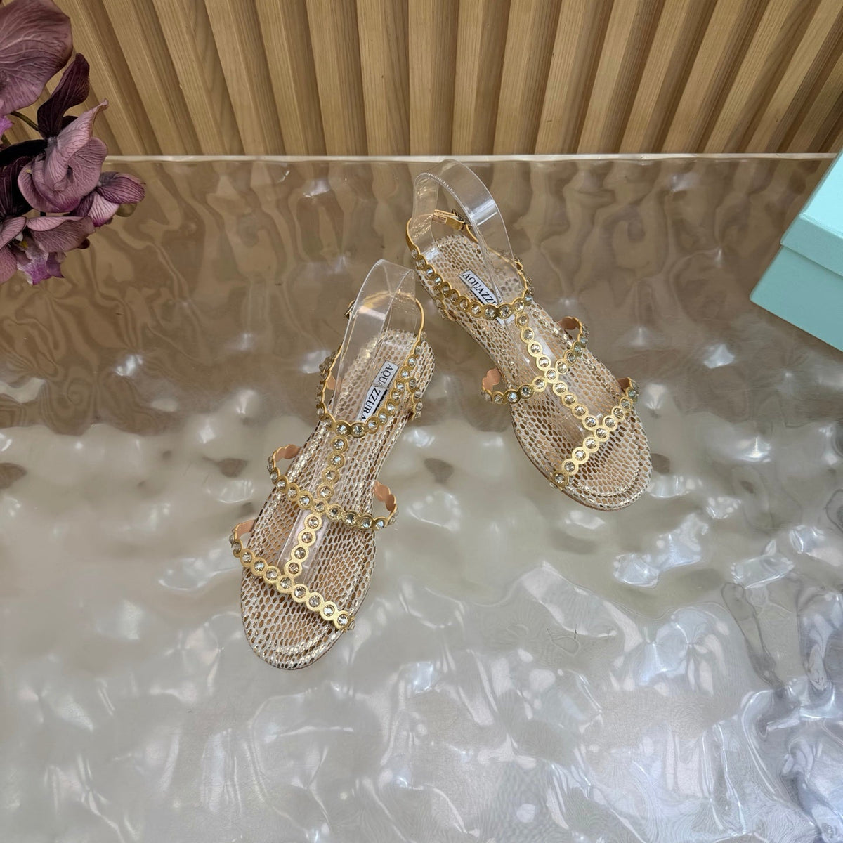 Aquazzura 26s Flat Sandals Gold Snakeskin Crystal Embellished 620483