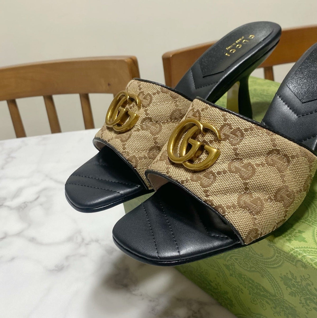 Gucci 26s Heeled Slides 7.5cm Sand Brown Canvas And Black Lambskin