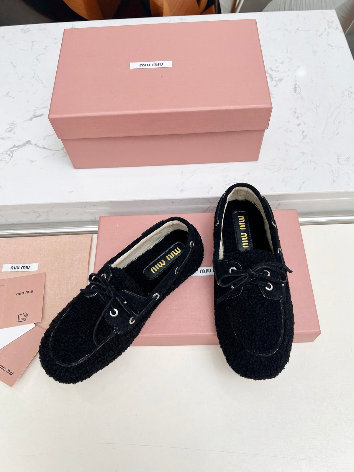 Miumiu 26s Boat Loafers Black Shearling