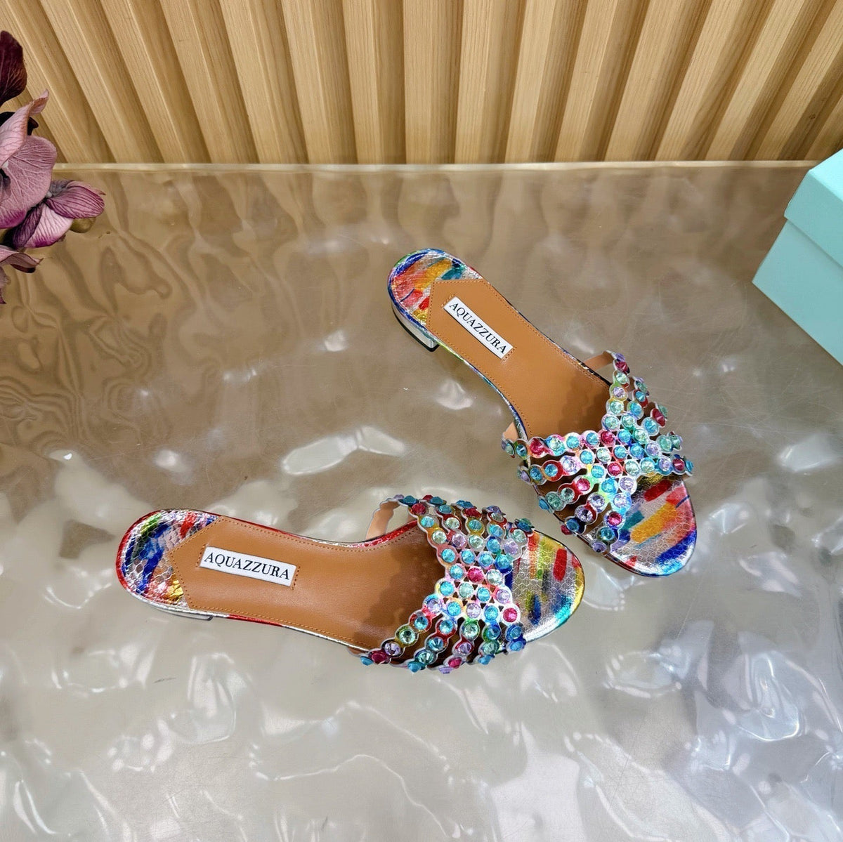 Aquazzura 26s Slides Multicolor Snakeskin Embossed Leather 924158