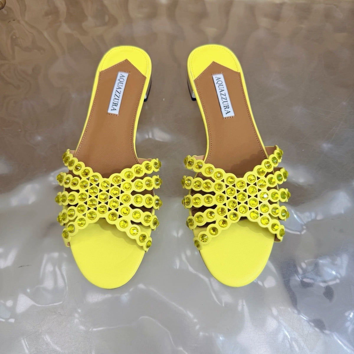 Aquazzura 26s Slides Yellow Calfskin Crystal-Embellished Straps 395104