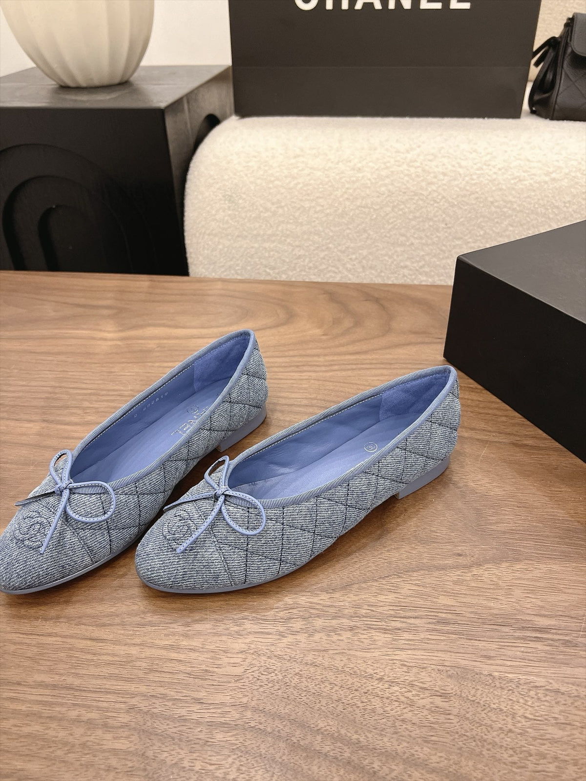 Chanel 26s Ballet Flats Blue Denim CC Logo Bow Detail