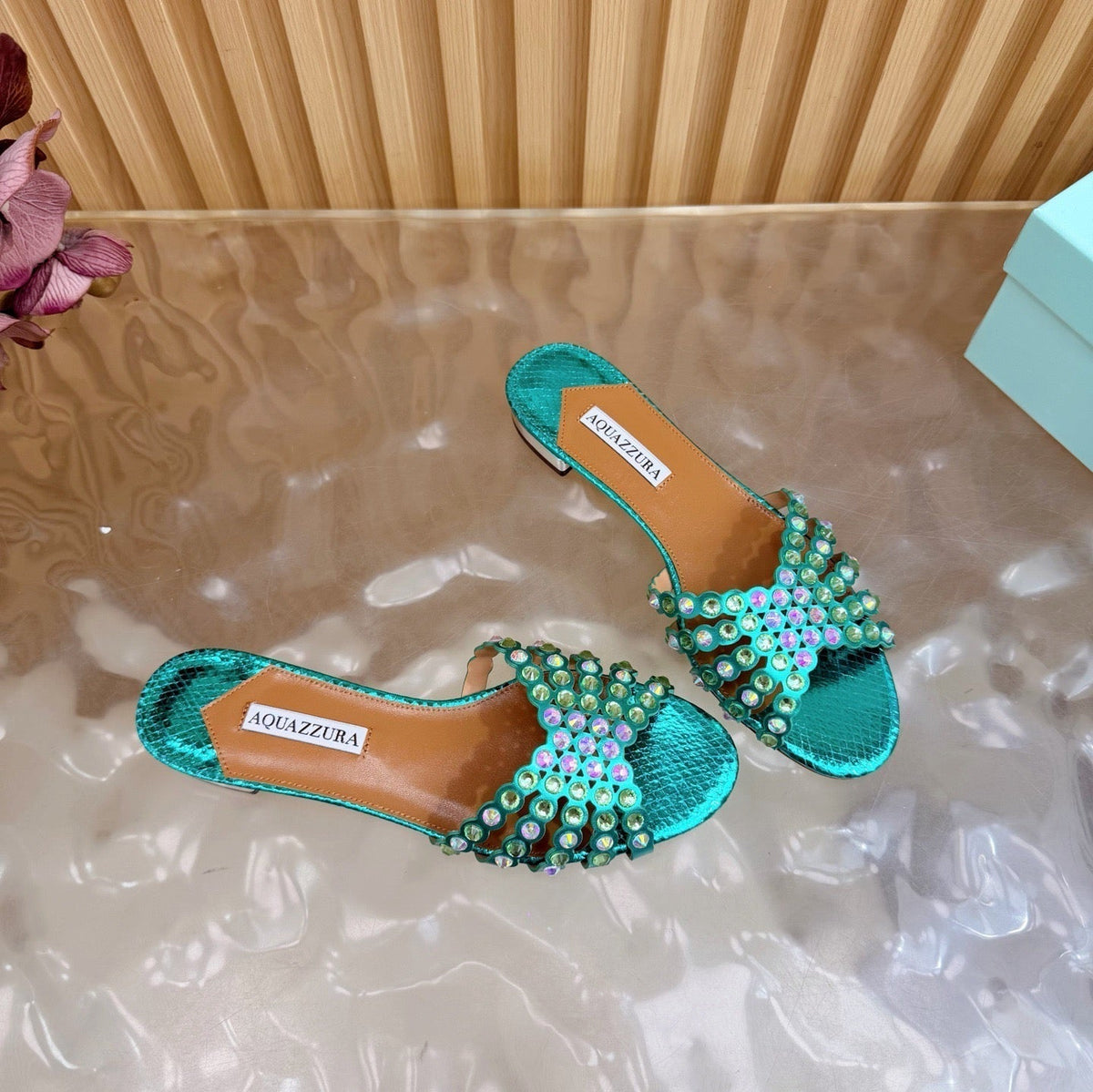 Aquazzura 26s Slides Emerald Green Snakeskin Embossed Leather 592814