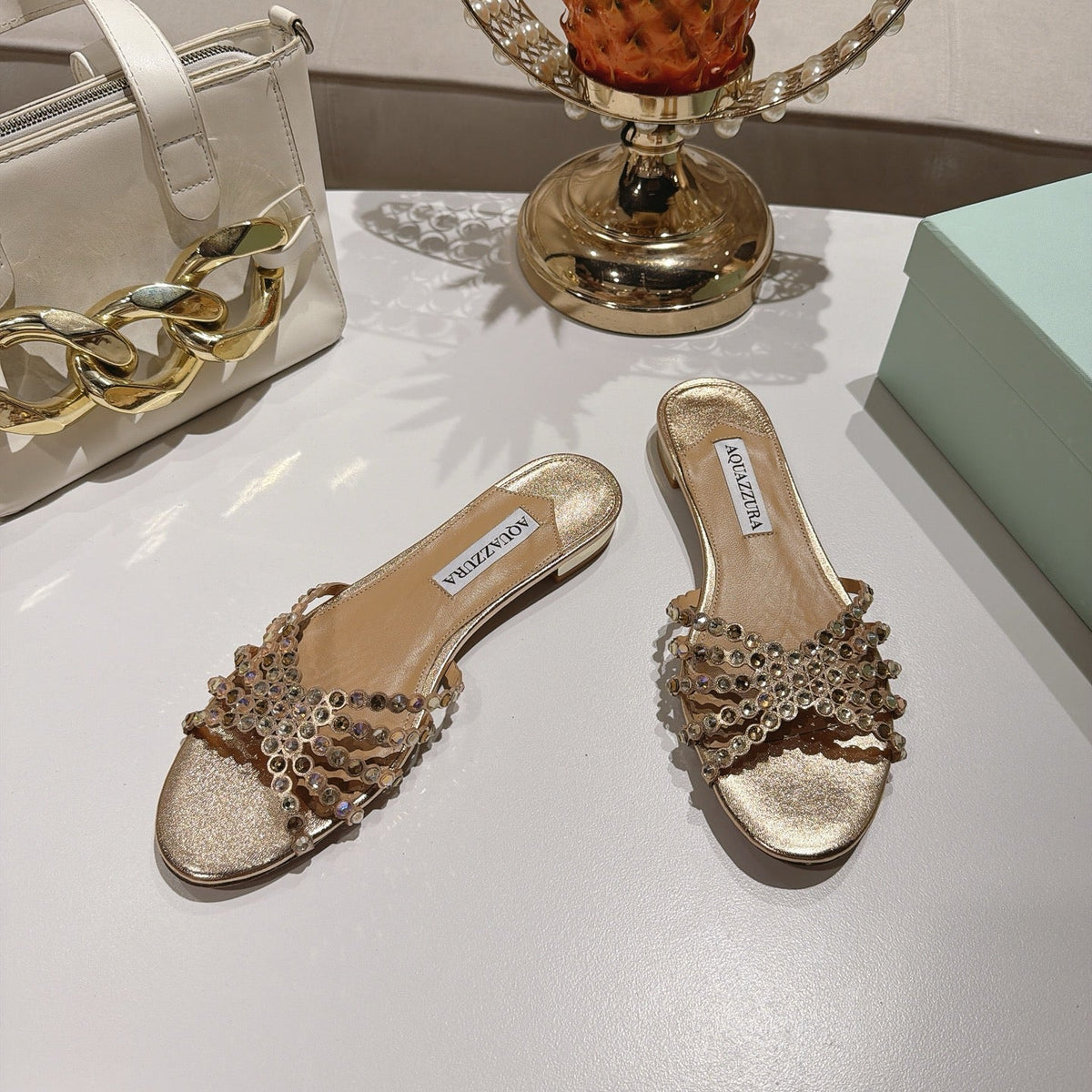 Aquazzura 26s Slides Light Gold Lambskin Crystal Embellished 501934