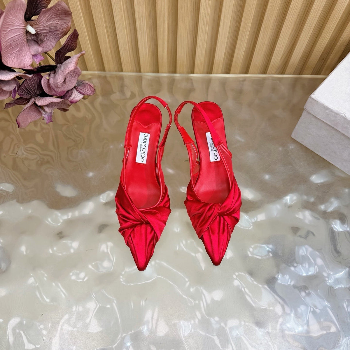 Jimmy Choo 26S Slingback Heels 6.0cm Red Satin With Knot Detail 491375
