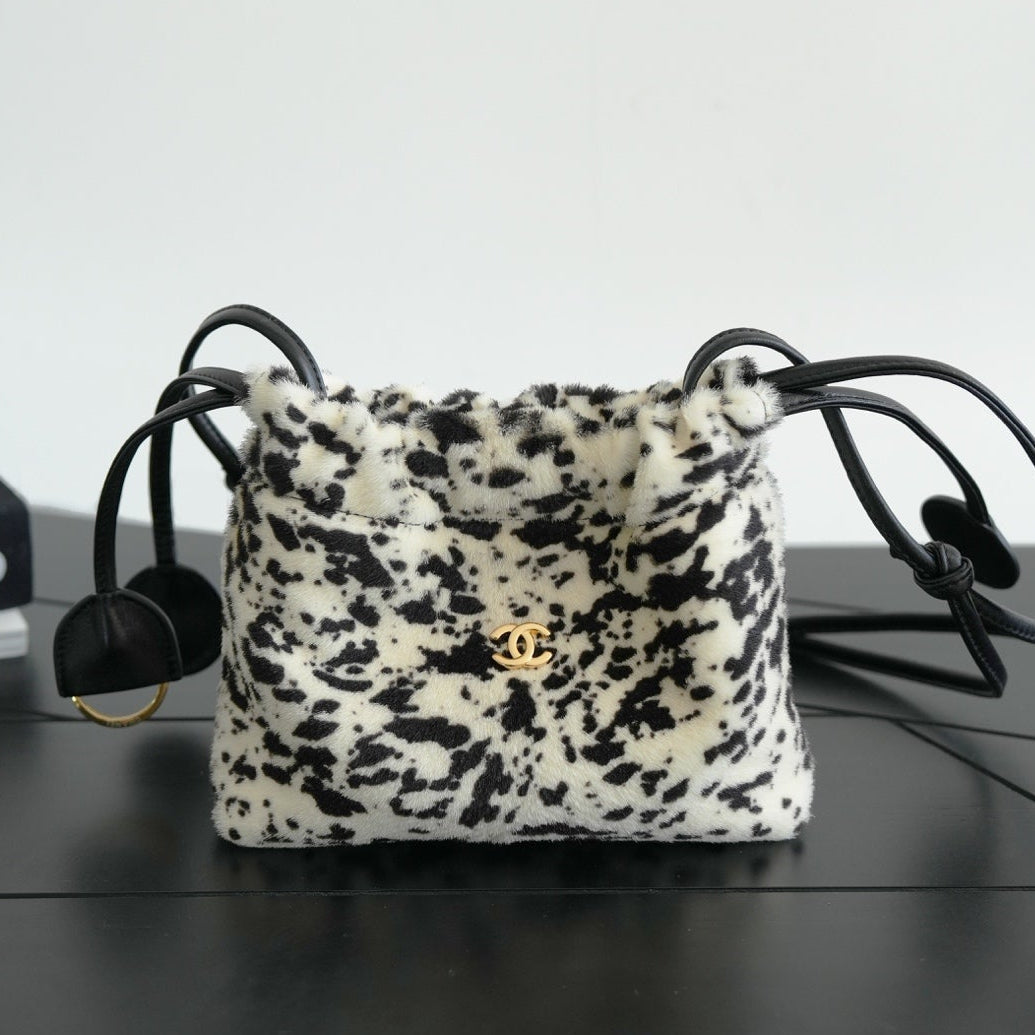 Chanel 2026 Pony Hair Printed Chic Lady Shoulder Bag Black White Wool