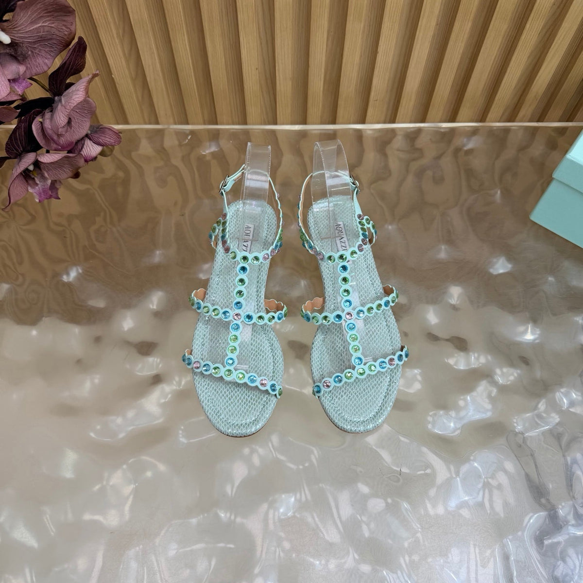 Aquazzura 26s Flat Sandals Light Blue Snakeskin Crystal Embellished 837261