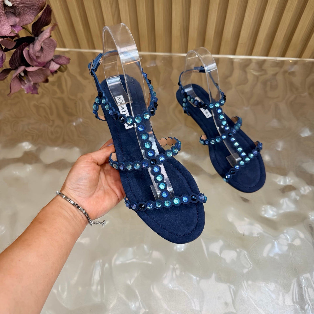 Aquazzura 26s Flat Sandals Navy Blue Suede Crystal Embellished 571932