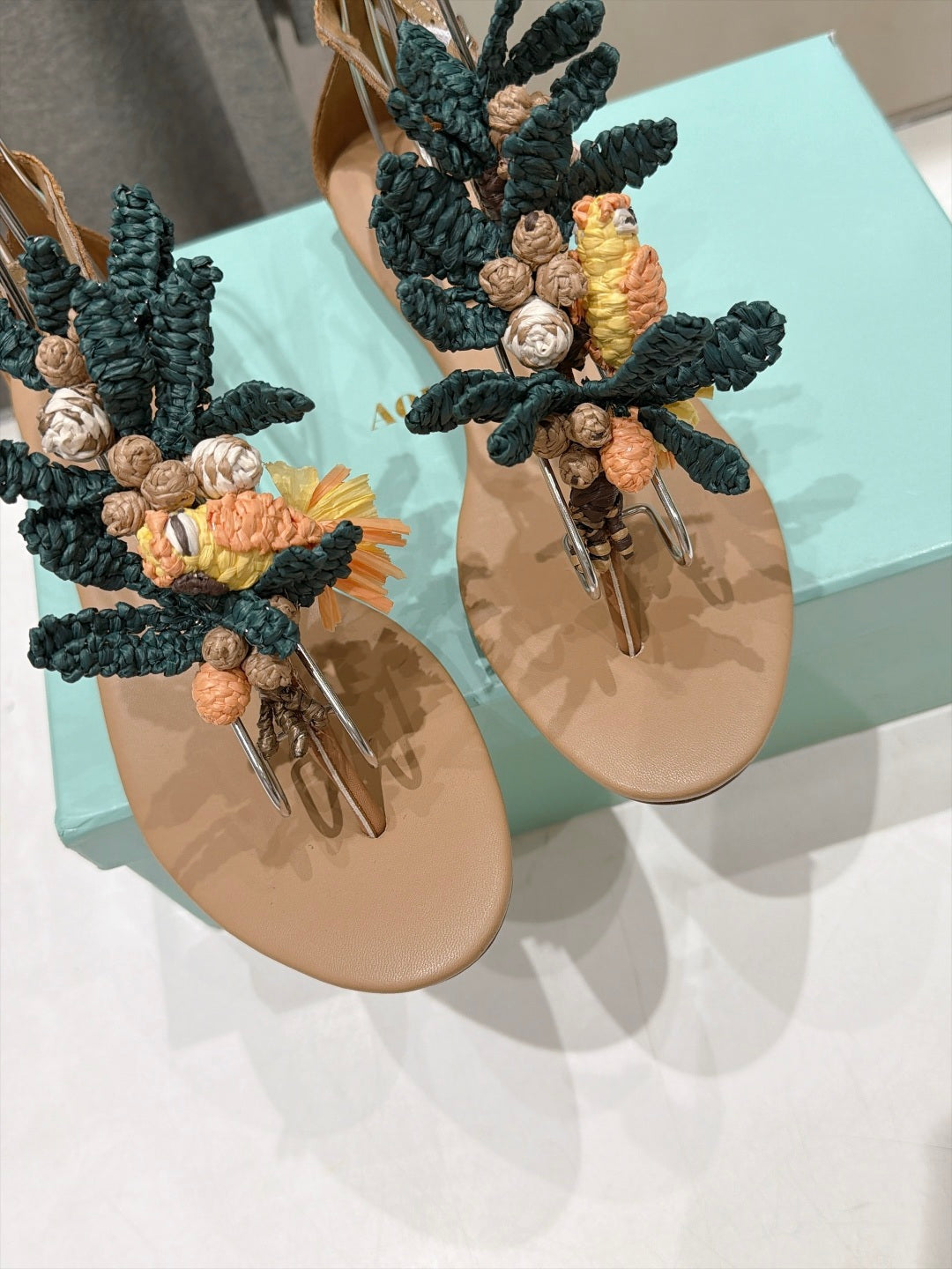 Aquazzura 26s Floral Applique Thong Sandals Brown Calfskin 618402
