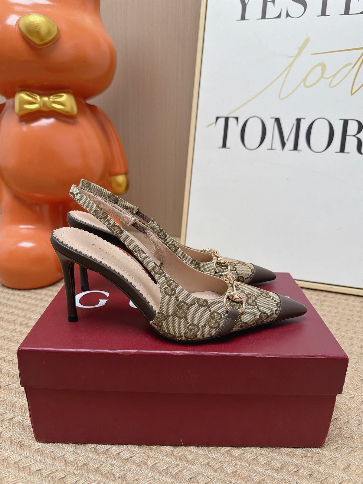Gucci 26s Slingback Heels 10.5cm Beige Canvas Mix Brown Lambskin