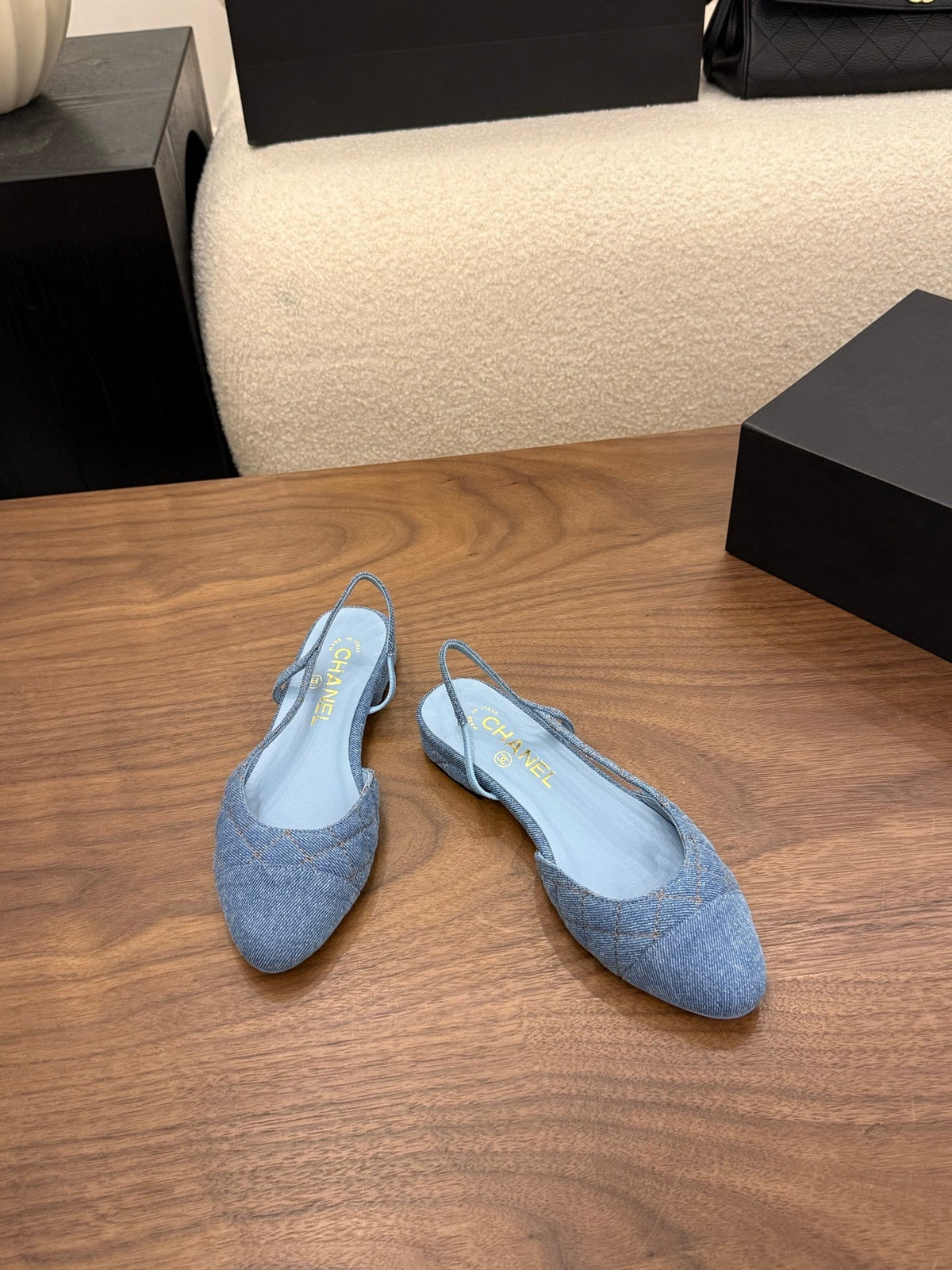 Chanel 26s Slingback Pumps Blue Denim Pointed Toe