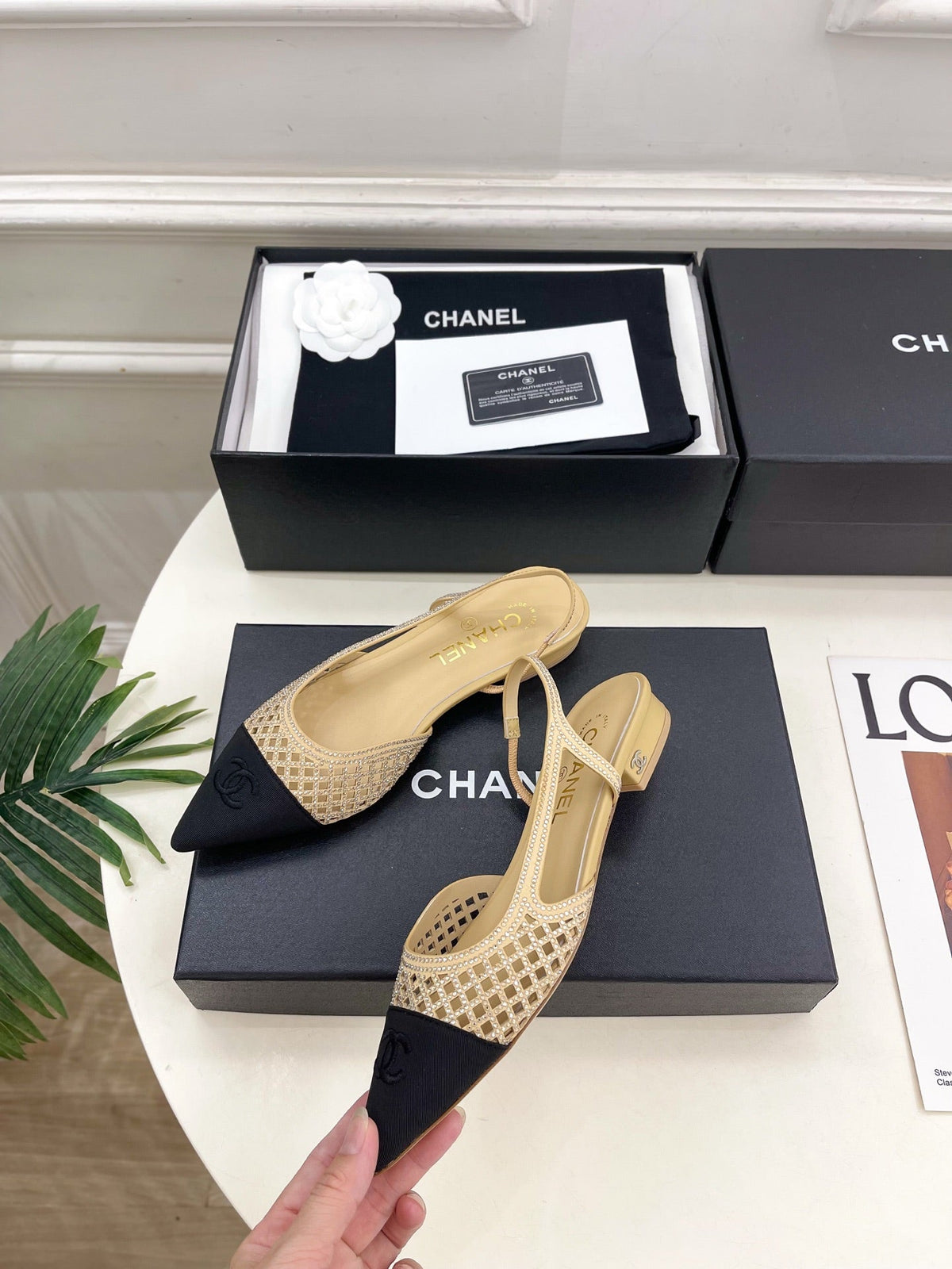 Chanel 26s Flat Pointed Toe Slingback Beige Mesh Black Toe Cap