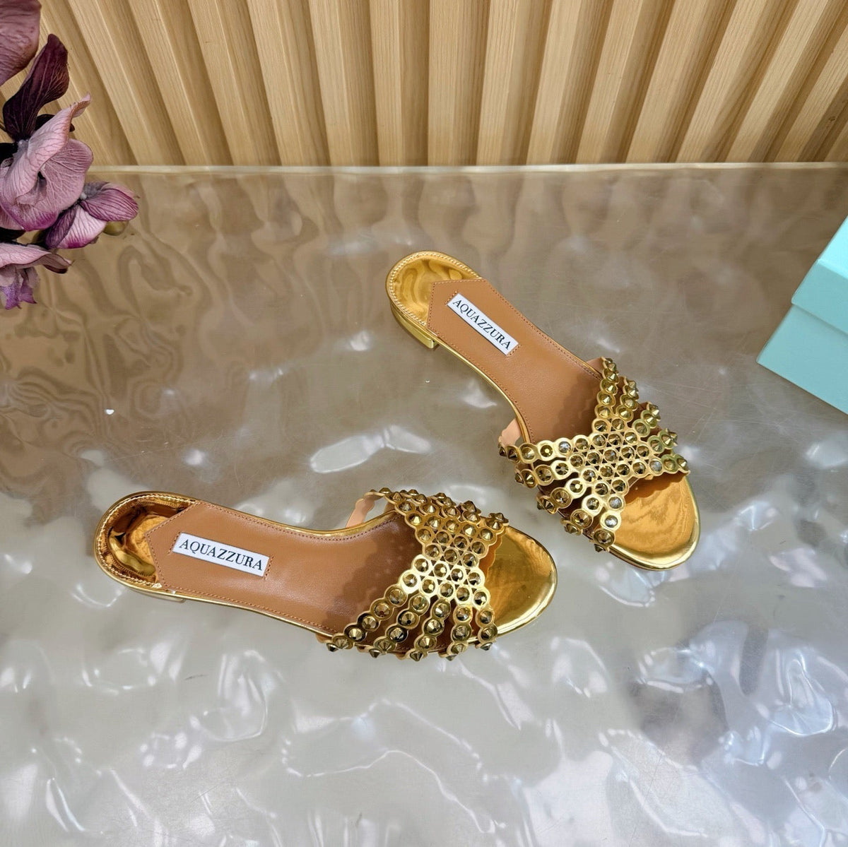 Aquazzura 26s Slides Metallic Gold Calfskin Crystal-Embellished Straps 604928