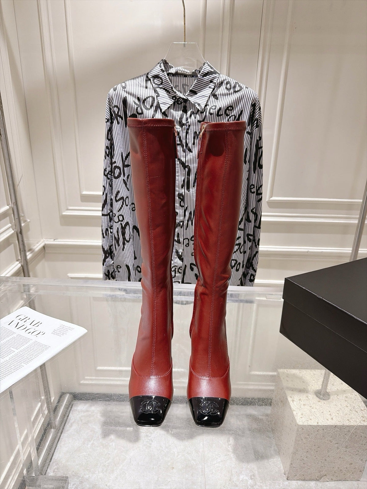 Chanel 26s High Heel Knee High Boots 8 Cm Burgundy Calfskin Black Patent Leather