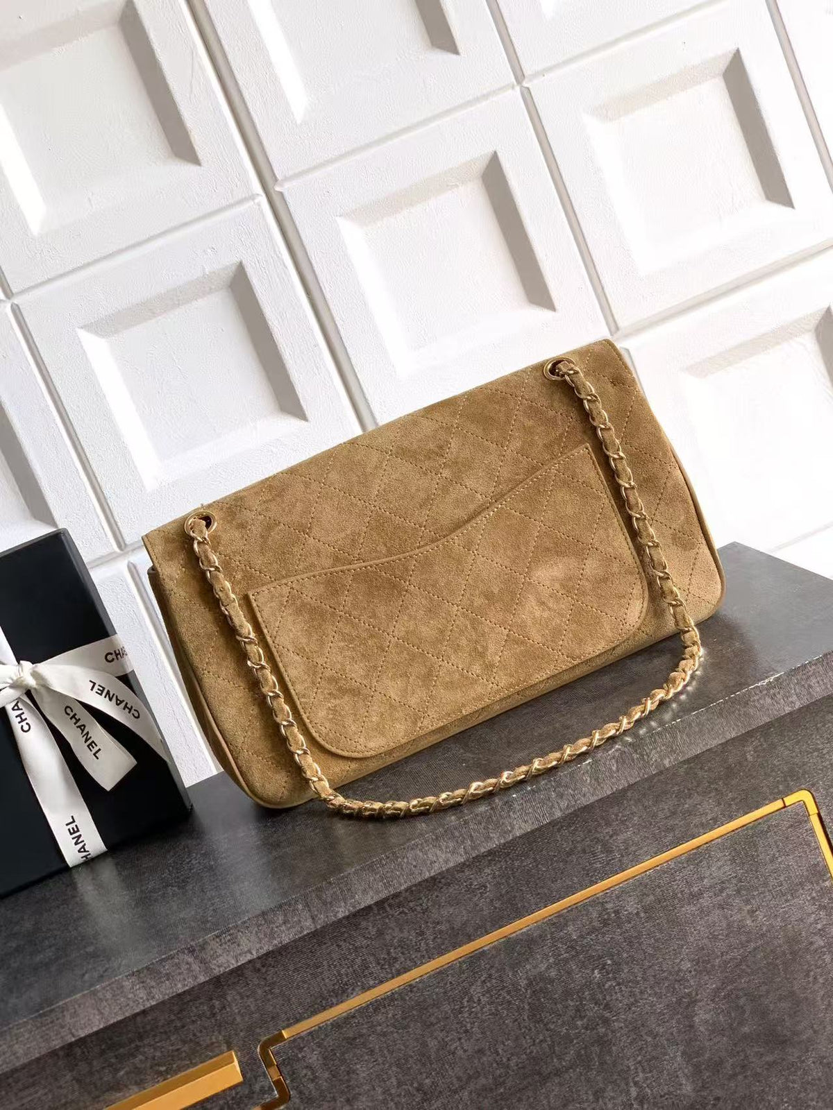 Chanel Maxi Flap Bag 32cm Beige Suede Leather
