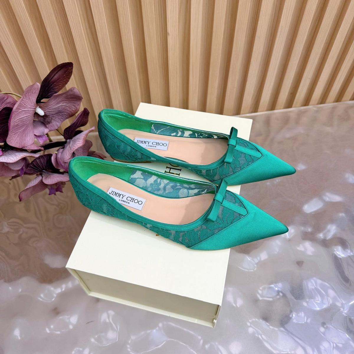 Jimmy Choo 26S Flats Green Lace And Satin 571492