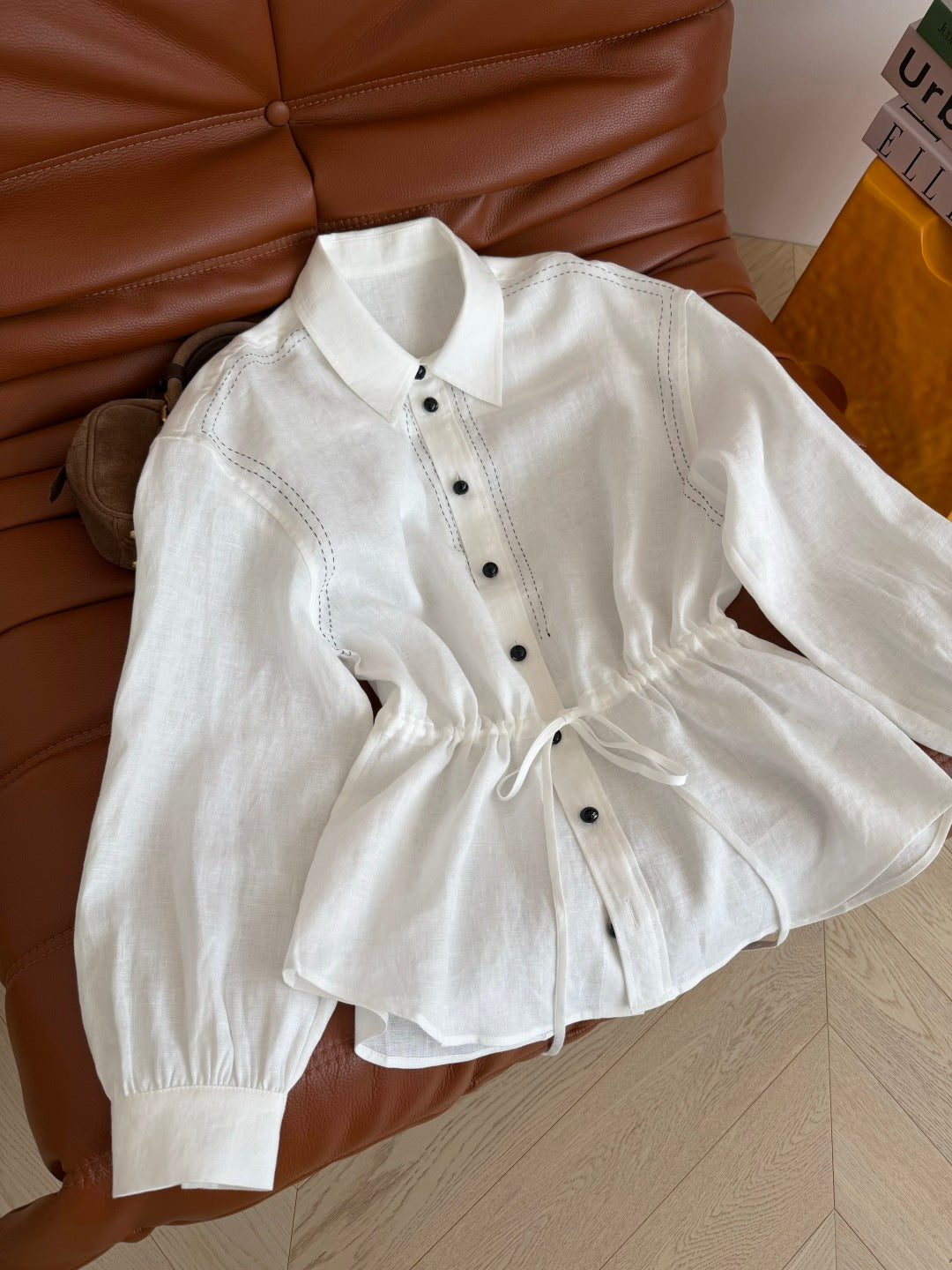 CC 26FW Drawstring Waist Shirt Contrast Stitching Double C Black Buttons White Cotton 438583
