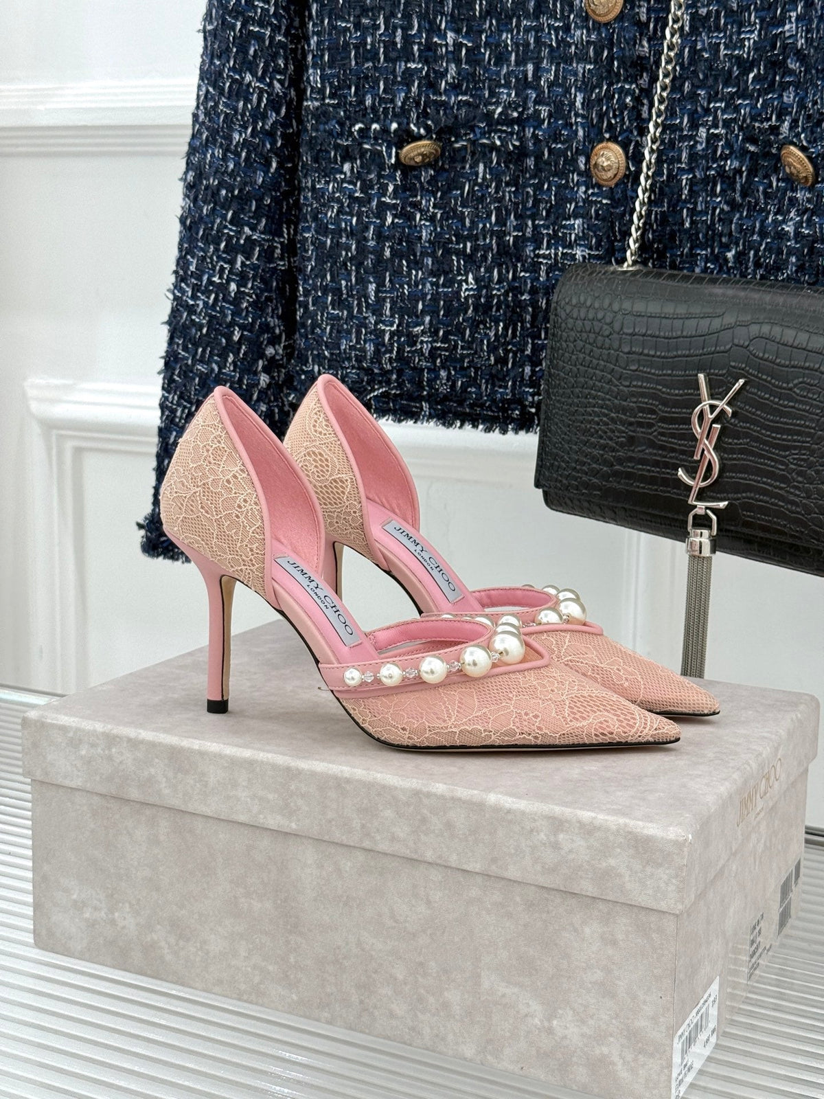 Jimmy Choo 26S High Heels 8.5cm Light Pink Lace Pearl-Embellished 271493