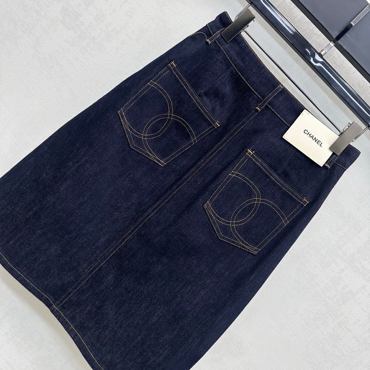 CC 26FW High-Waisted Slit Denim Skirt Double-C Pocket Detail Blue Cotton 441481