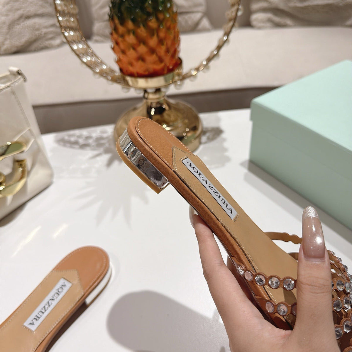 Aquazzura 26s Slides Light Brown Lambskin Crystal Embellished 384029