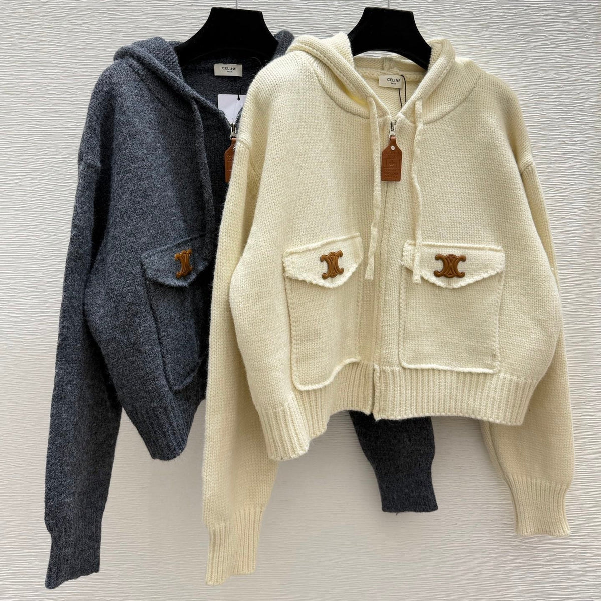 CE 26FW Cropped Knit Zip-Up Hoodie Triomphe Logo Flap Pockets Heather Wool 313322