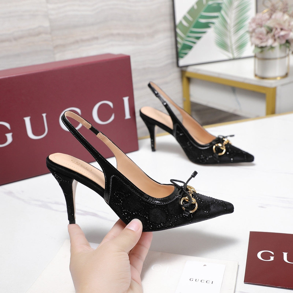 Gucci 26s Slingback Pumps 10cm Black Velvet Gold Hardware With Bow