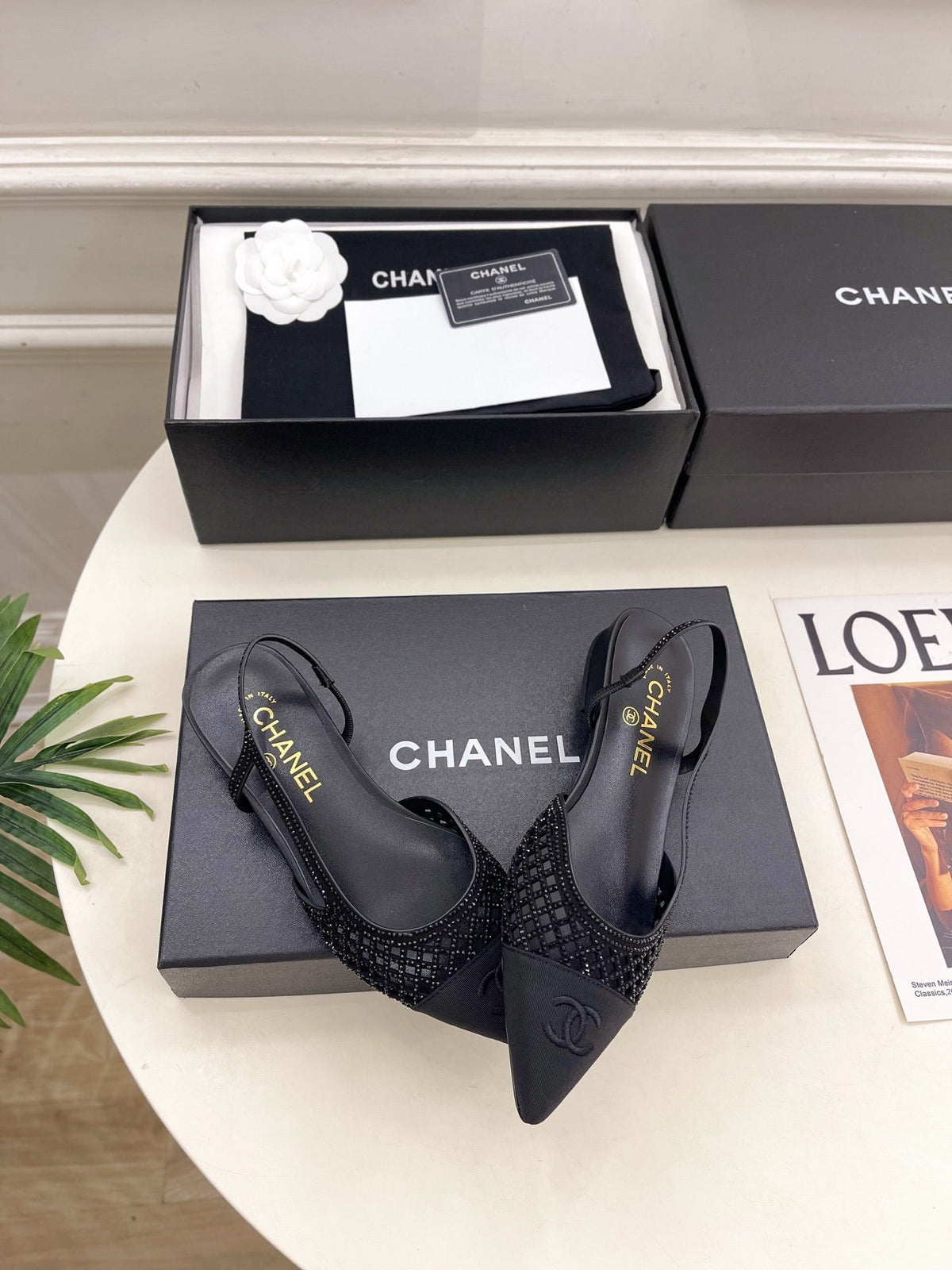 Chanel 26s Flat Pointed Toe Slingback Black Mesh